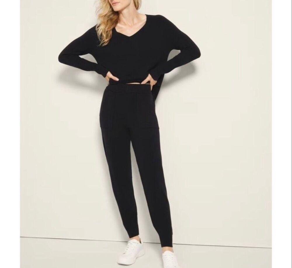 Soma Women's Recycled Yarn Blend Rib Trim Pull-On Sweater Jogger black L NEW